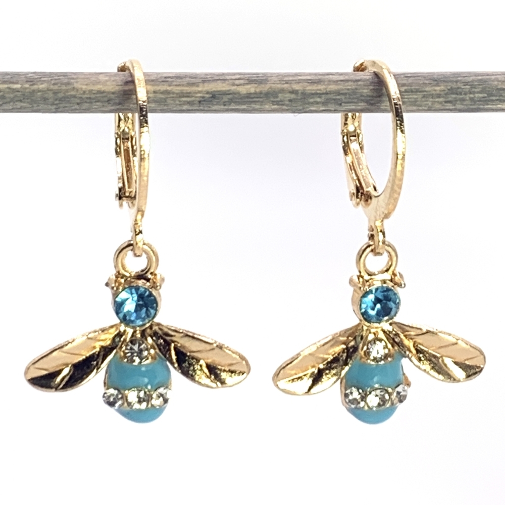 Blue Bumble Bee Charm Earrings